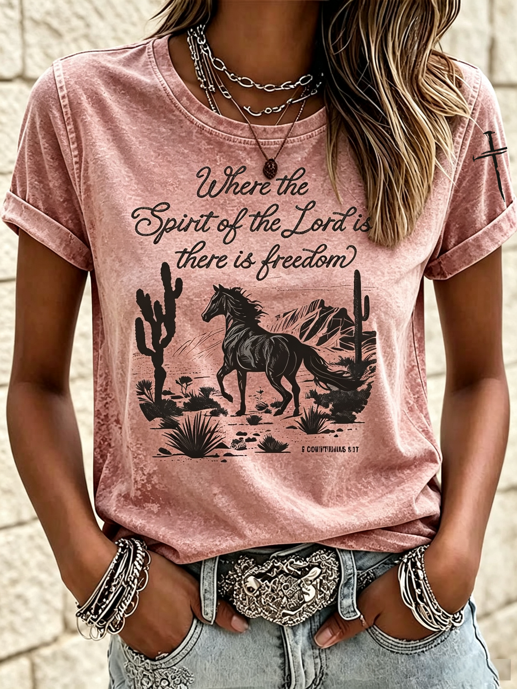 Western Style Flattery Art Faith Cross Washed Printed Round Neck T-Shirt