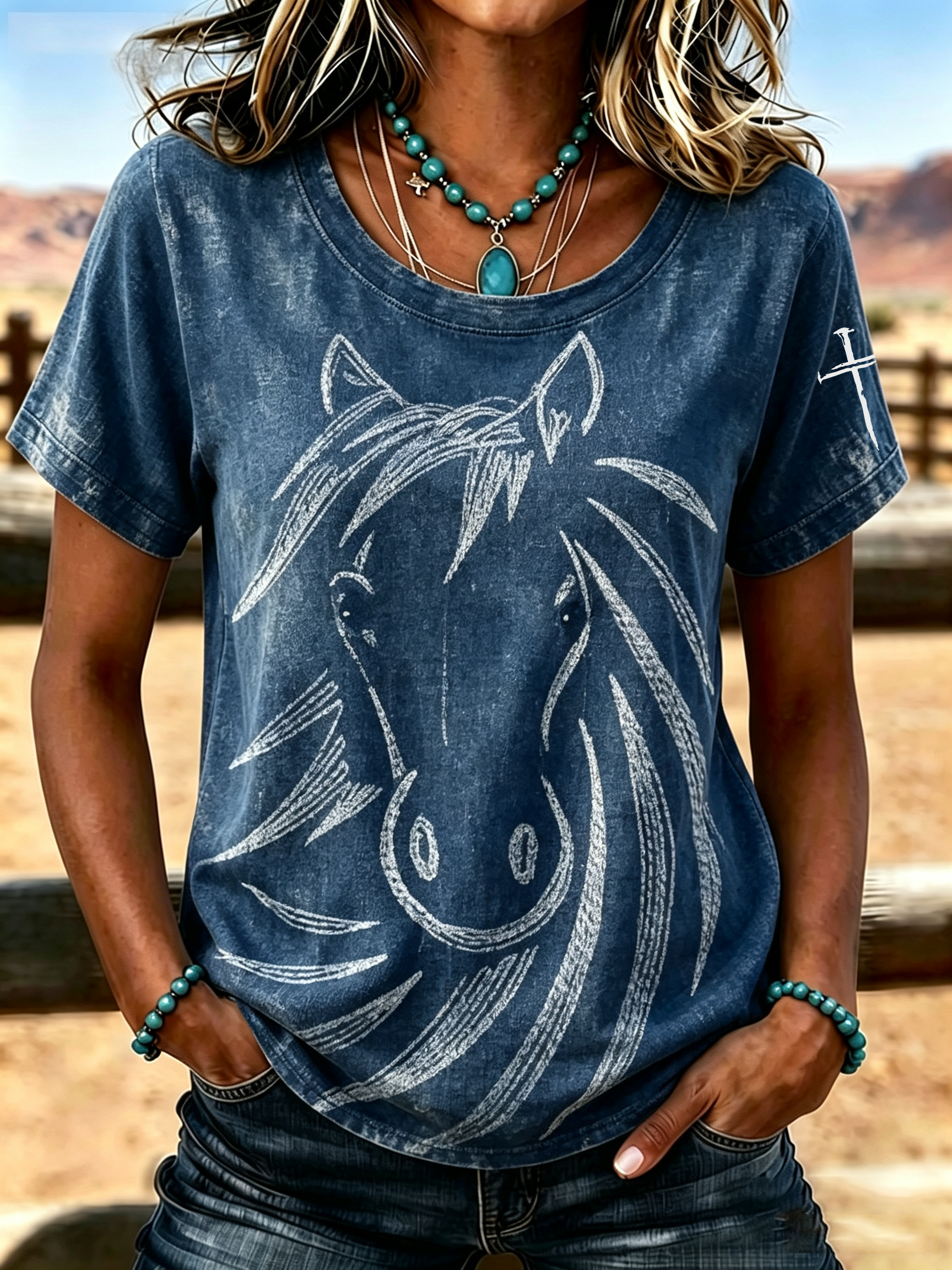Western Horse Art Faith Printed Round Neck T-Shirt