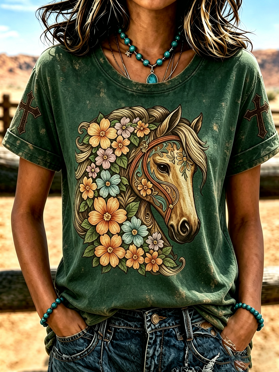Women'S Retro Floral Horse Print Casual Round Neck Short Sleeved Shirt