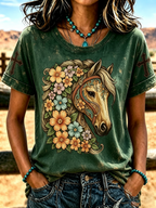 Women'S Retro Floral Horse Print Casual Round Neck Short Sleeved Shirt