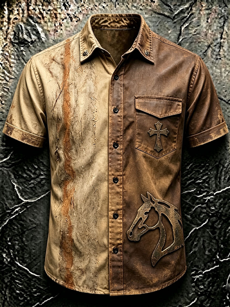 Men'S Western-Style Retro Color-Blocked Horse-Themed Short-Sleeved Shirt