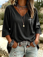 Women's casual V-neck faith solid color seven quarter sleeve T-shirt