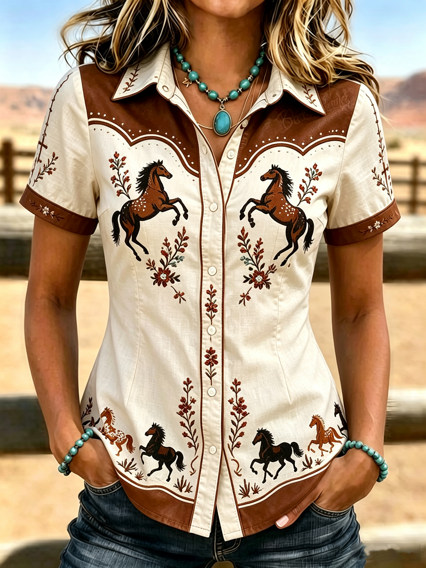 Western Style Horse Art Faith Embroidered Printed Short Sleeved Shirt