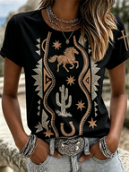 Women's Vintage Wash Cactus Horse Horseshoe Aztec Rope Graphic T-Shirt