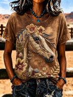 Women'S Western Style Animal Cross Round Neck T-Shirt