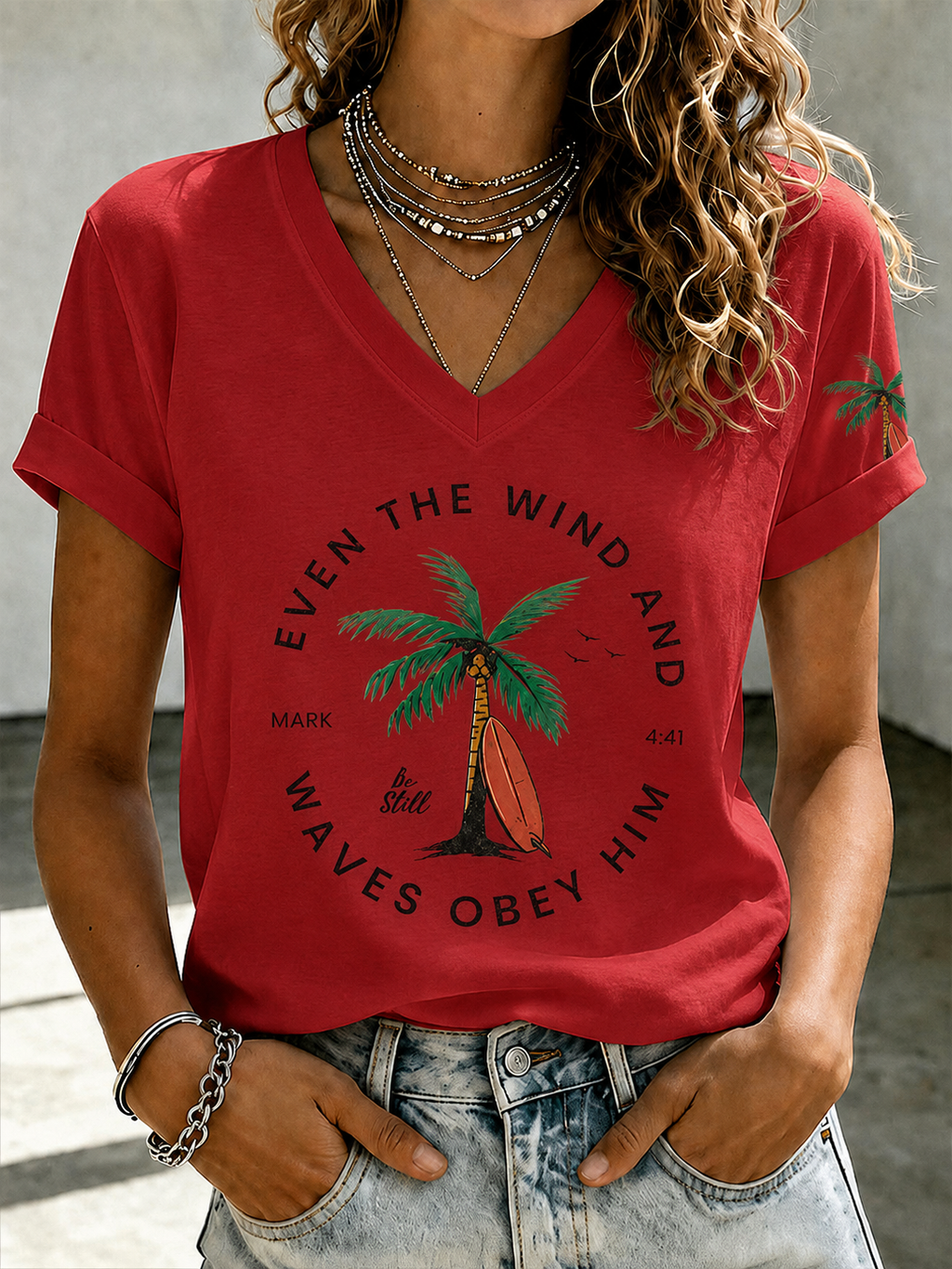 Women'S “Even The Wind And Waves Obey Him” Print V-Neck T-Shirt