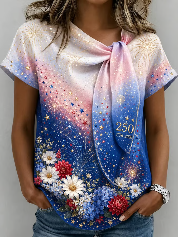 Women'S 250th Anniversary American Art Print Tie-Neck Short-Sleeve Top