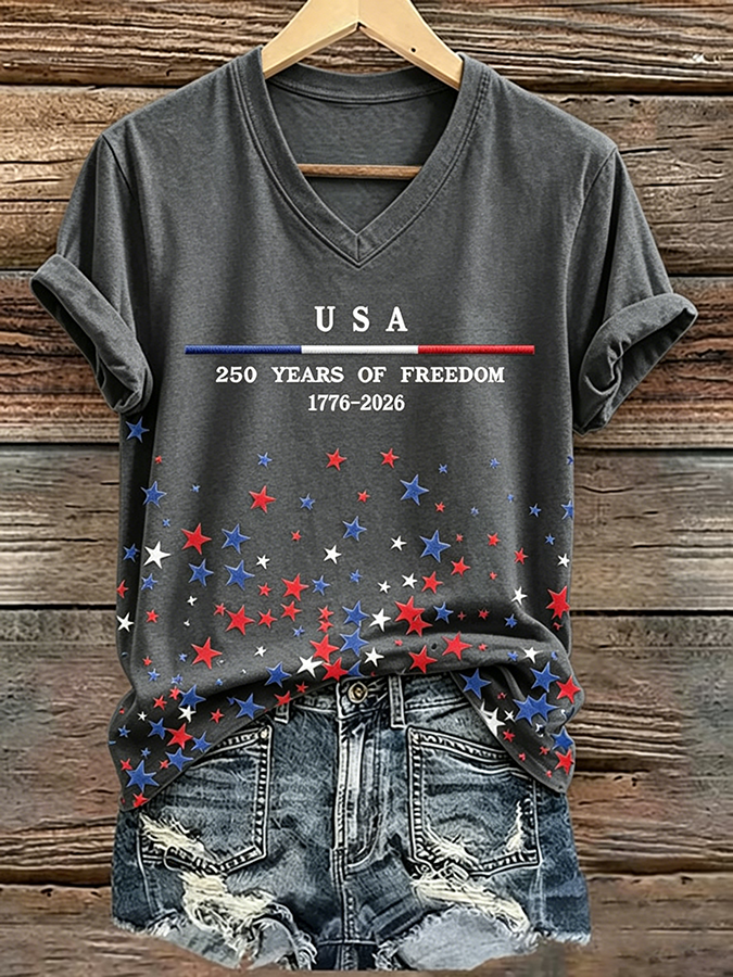 250Th Anniversary American Embroidery Commemorative V-Neck Short Sleeved T-Shirt