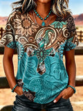 Women's Western Cross Print Casual T-Shirt