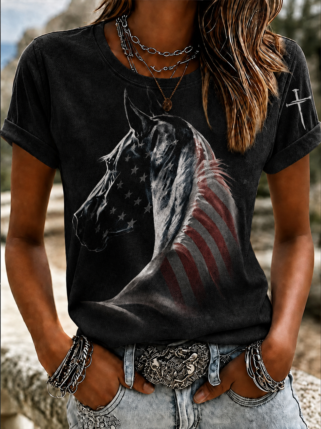 Women'S Western Horse Art Faith Art Printed Round Neck T-Shirt