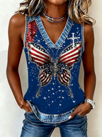 Women's cross butterfly flag printed casual V-neck vest