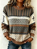 Ladies' Casual Ethnic Stripe Faith Printed Arctic Velvet Round Neck Top