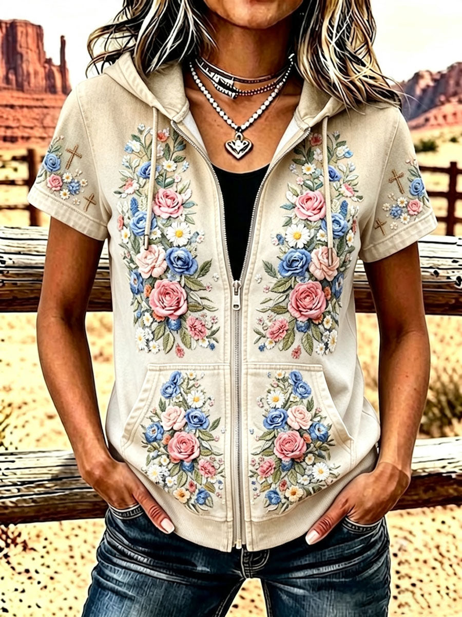 Ladies' Western Style Floral Zipper Hooded Top