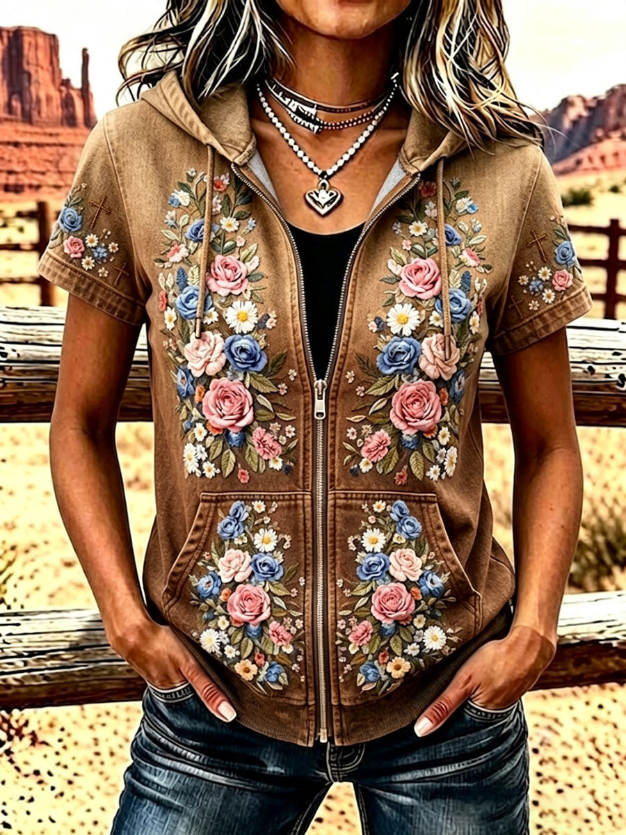 Ladies' Western Style Floral Zipper Hooded Top