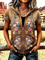 Ladies' Western Style Floral Zipper Hooded Top