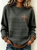 Western Ethnic Striped Faith Printed Round Neck Long Sleeved Shirt