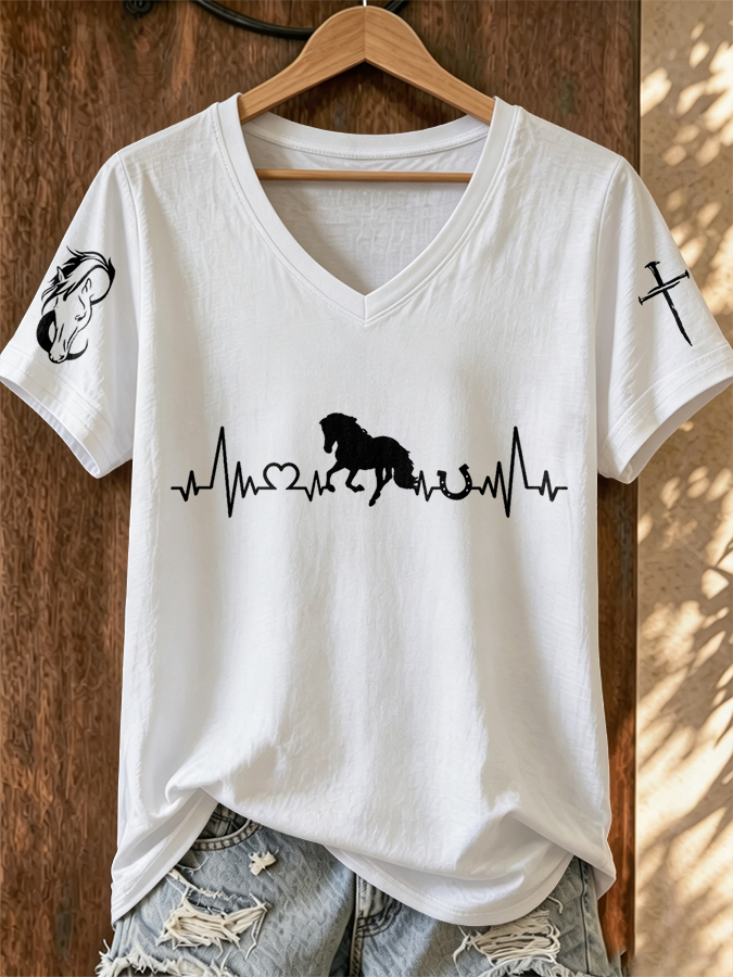 Women's Western Horse Print V-Neck T-Shirt