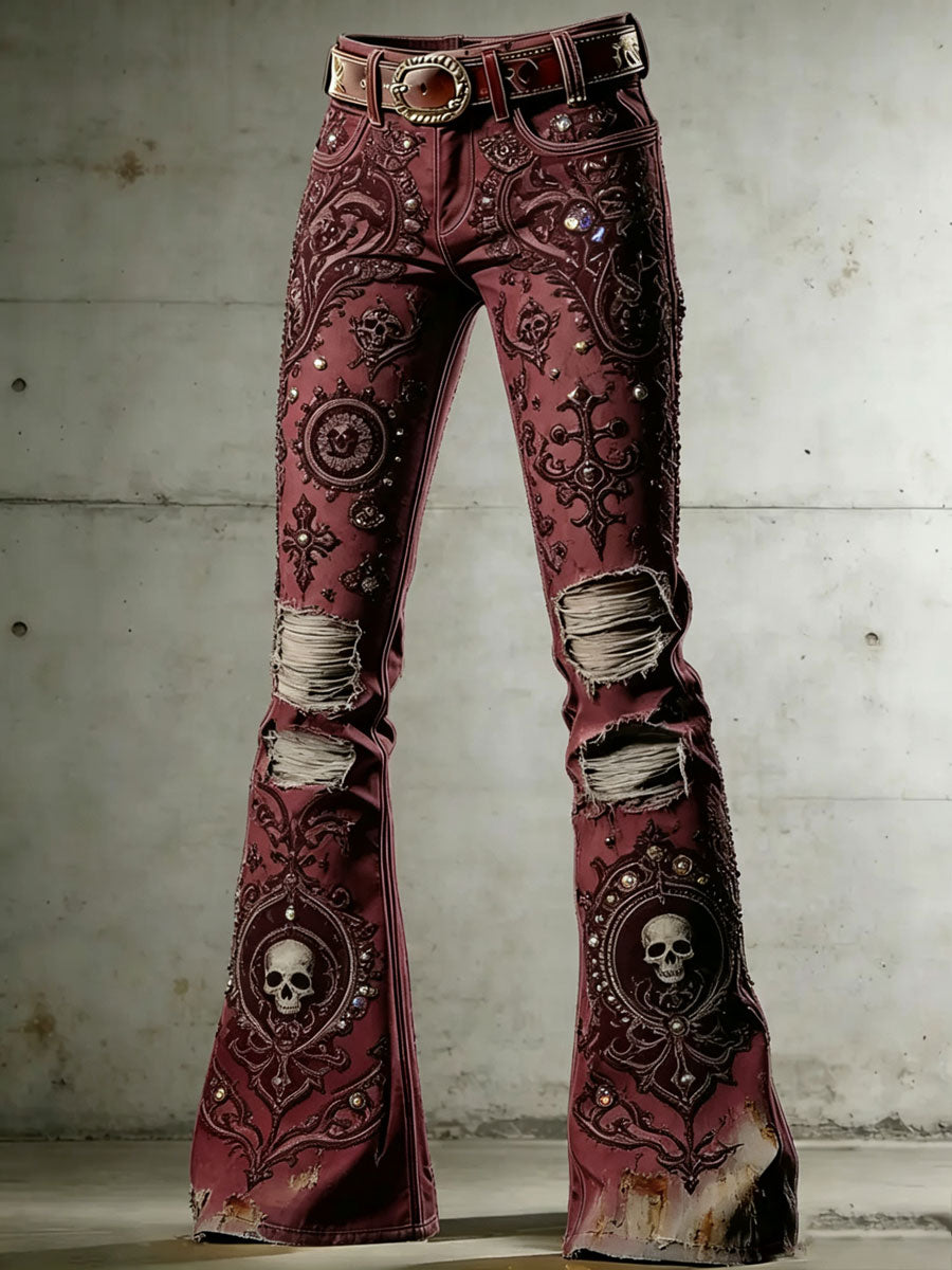 Women's Rock-Style Color-Block Flare Pants with Skull, Wings, and Playing Card Print