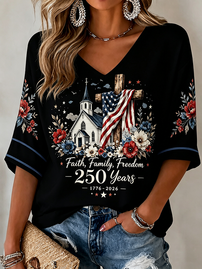 Women'S 250Th Anniversary Flag Cross Commemorative Print V-Neck