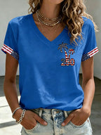Women'S America Flag Floral Print Casual V-Neck T-Shirt