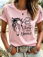 Women's This Girl Runs On Jesus And Horses Printed Casual T-Shirt