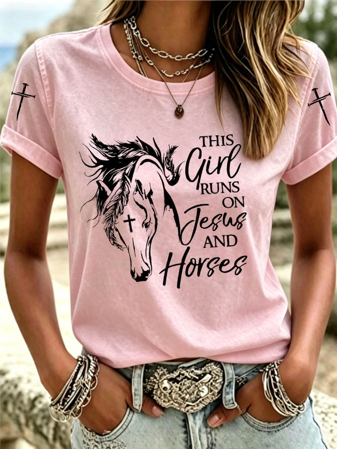 Women's This Girl Runs On Jesus And Horses Printed Casual T-Shirt