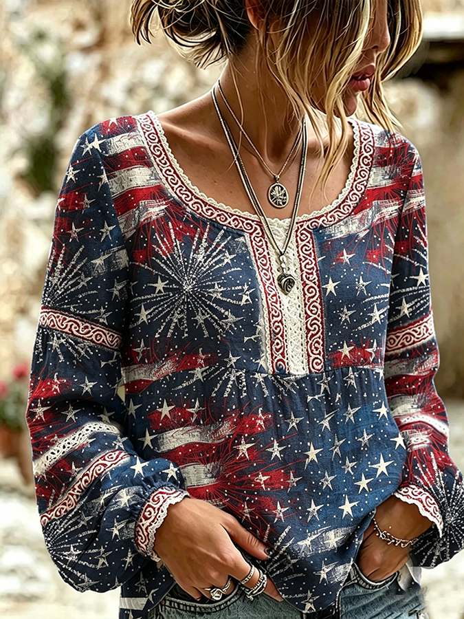 Women's National Flag Floral Cotton Linen Shirt