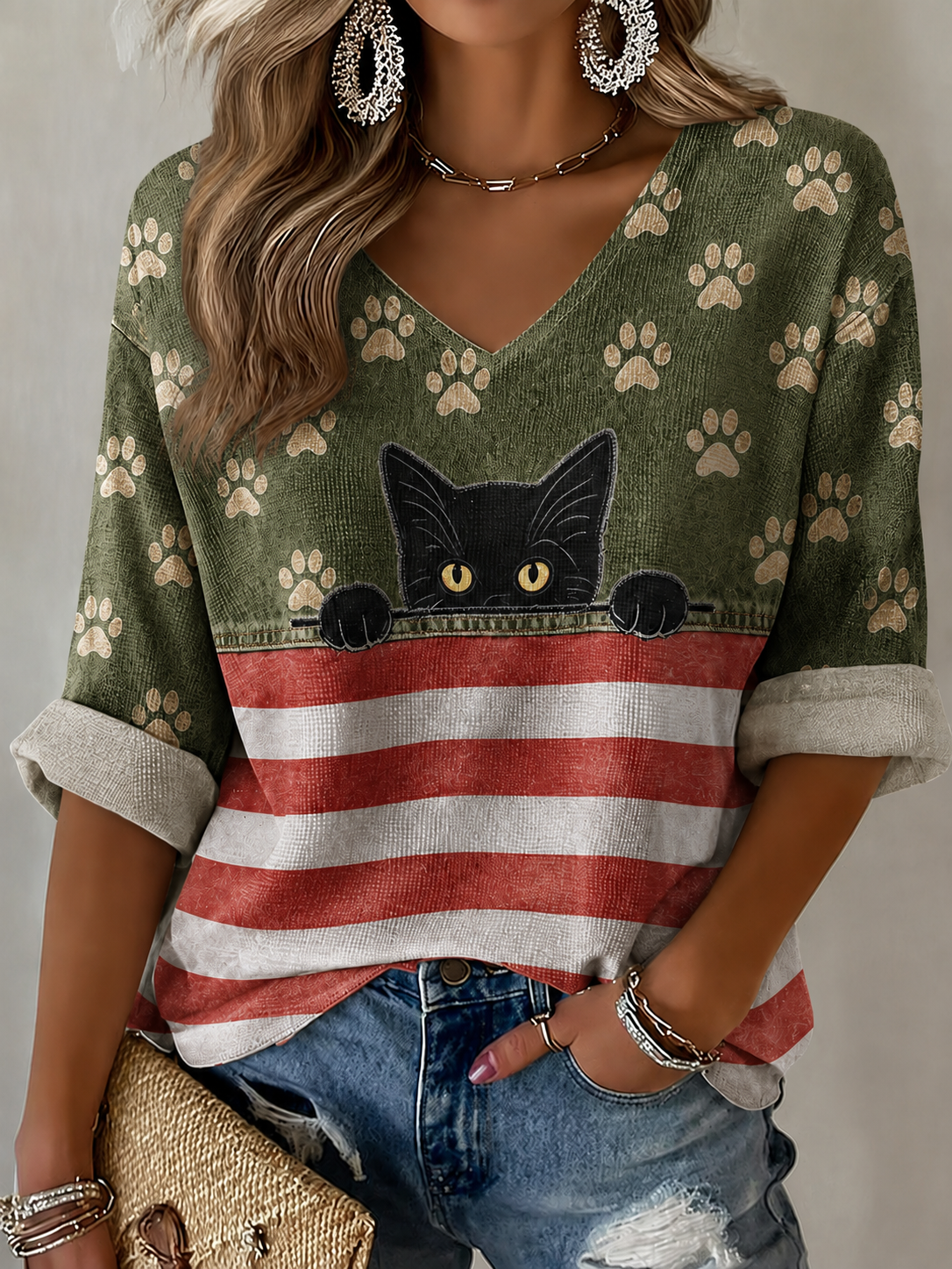 Women's American Flag Cat Printed Casual T-shirt