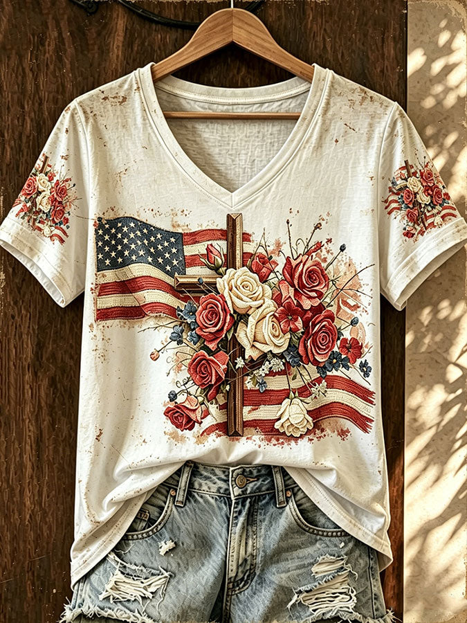 Women's Floral Cross Flag Print Short Sleeve T-shirt