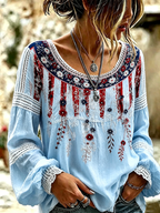 Women's Vintage American Flag Floral Art Cotton-Linen Shirt