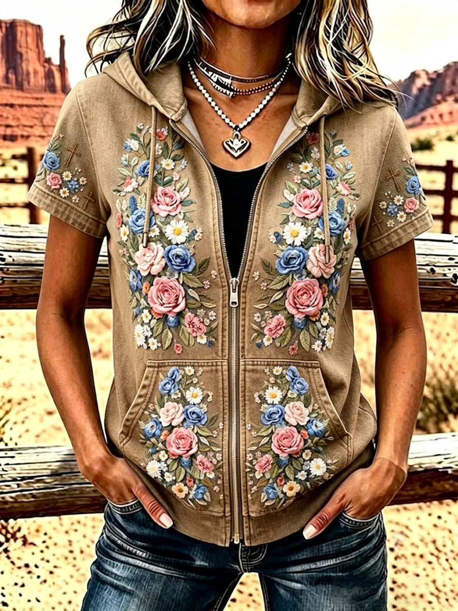Ladies' Western Style Floral Zipper Hooded Top