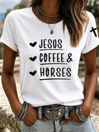 Women's Jesus Coffee Horses Printed Casual T-Shirt