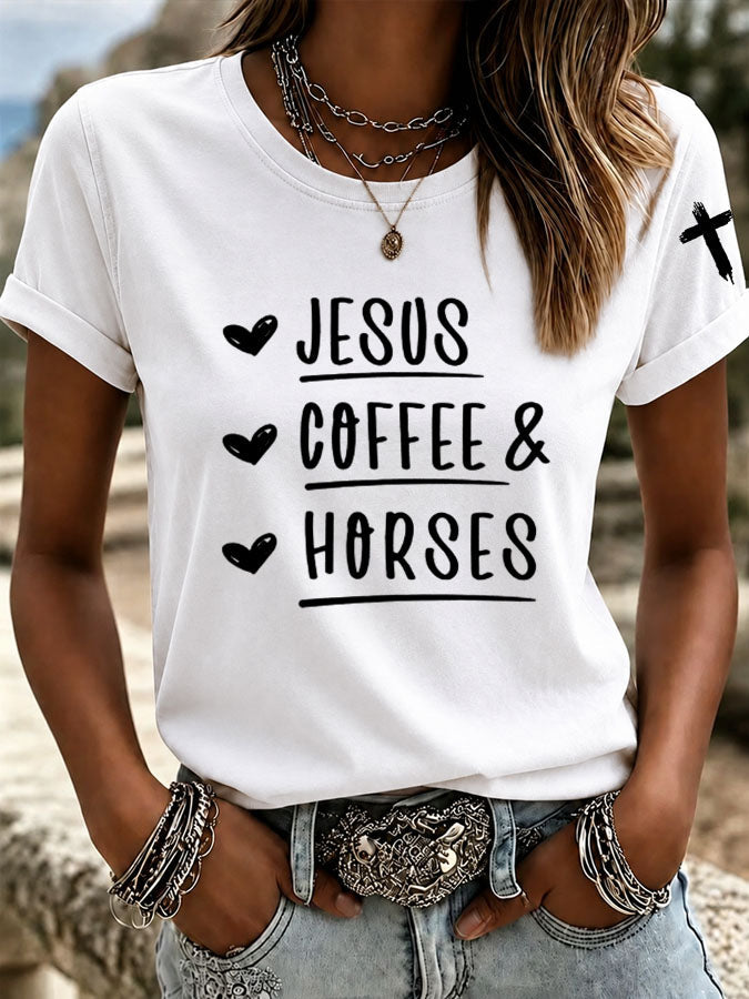 Women's Jesus Coffee Horses Printed Casual T-Shirt