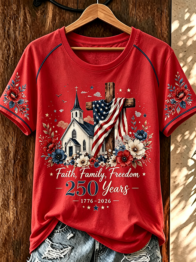 Women'S 250Th Anniversary American Flag Star Casual Round Neck T-Shirt