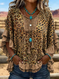 Vintage Leopard Art Patchwork Hollow Design Cotton And Linen Shirt