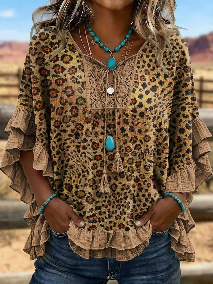 Vintage Leopard Art Patchwork Hollow Design Cotton And Linen Shirt