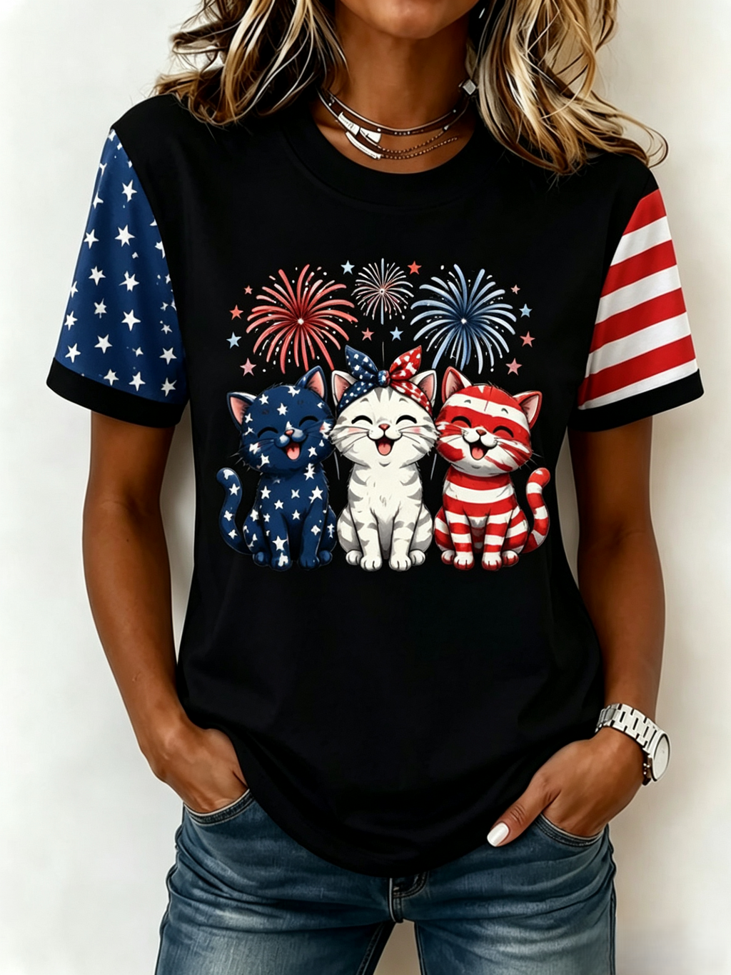 Women's American Flag Kittens Printed Casual T-shirt