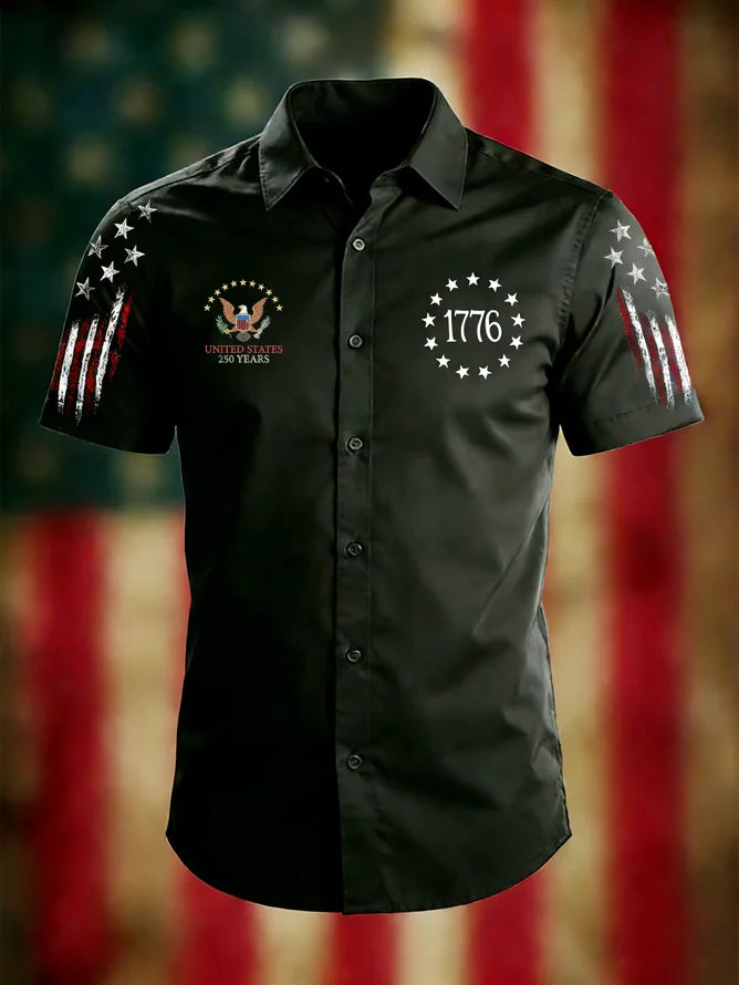 Men'S Casual 250Th Anniversary Of The Founding Of The United States Printed Button Down Short Sleeved Shirt