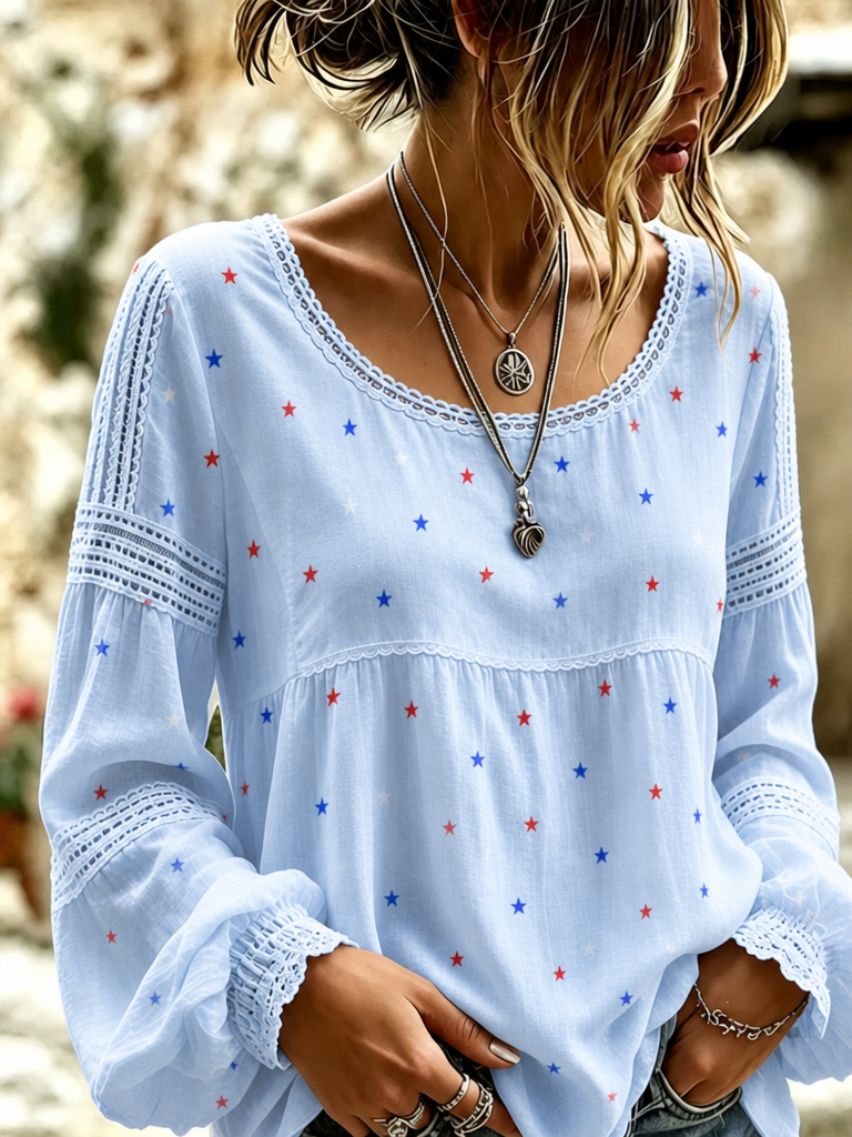 Women's Vintage American Flag Floral Art Cotton-Linen Shirt
