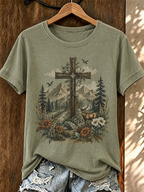Mountain Deer Floral Cross Vintage Print Crew Neck Casual Short Sleeve T-Shirt