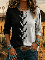 Split Tone Deer Antler Cross Sleeve Print 3/4 Sleeve Western Cowgirl T-Shirt
