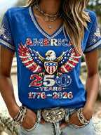 American 250th Anniversary Rhinestone Design Women's V Neck T-Shirt