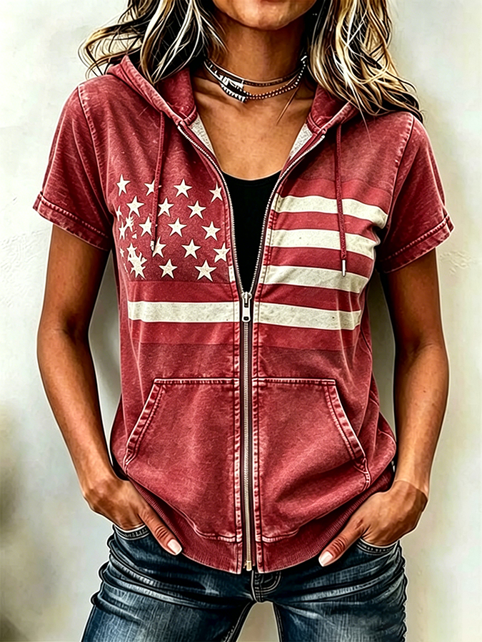 Women'S Casual Flag Summer Short Sleeved Hooded Top