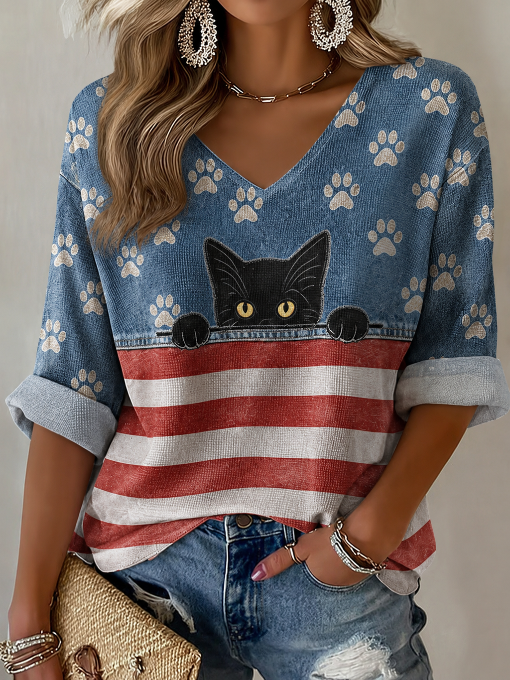 Women's American Flag Cat Printed Casual T-shirt