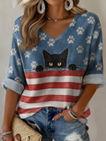 Women's American Flag Cat Printed Casual T-shirt