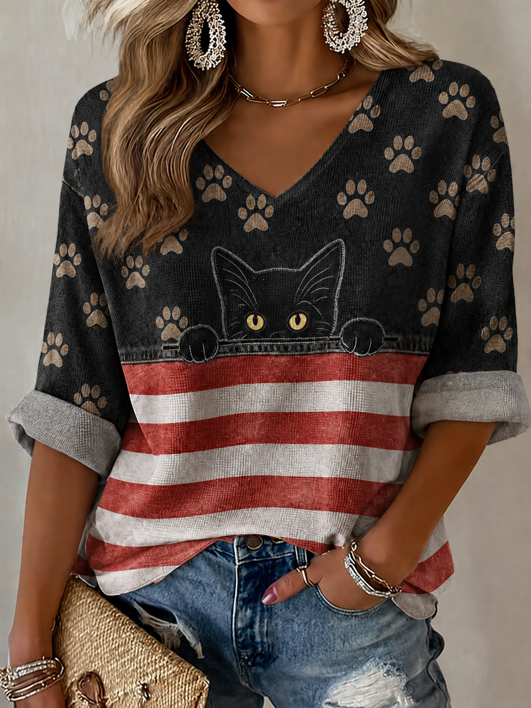 Women's American Flag Cat Printed Casual T-shirt