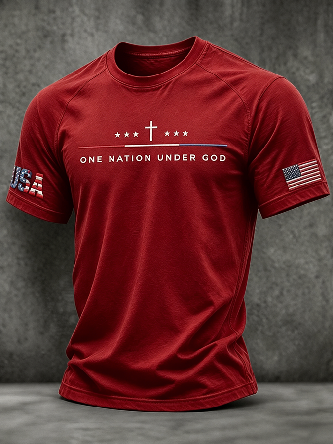 Men's One Nation Under God Cross USA Flag Embroidery Crew Neck Raglan Short Sleeve Patriotic T-Shirt