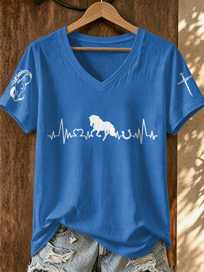 Women's Western Horse Print V-Neck T-Shirt