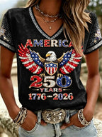 American 250th Anniversary Rhinestone Design Women's V Neck T-Shirt