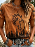 Women'S Retro Horse Cross Round Neck T-Shirt